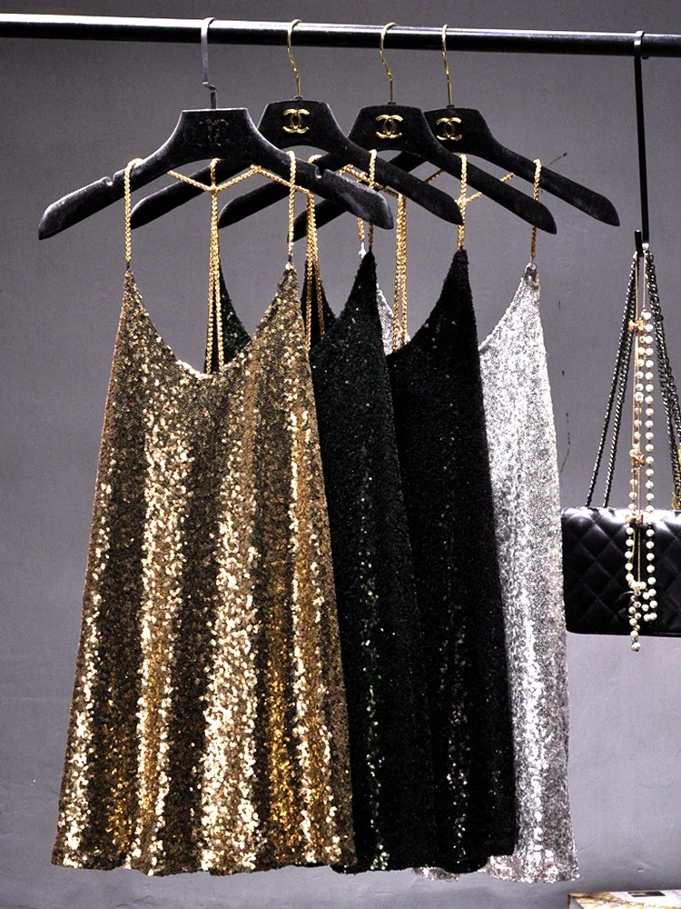 

Dresses for Women Party Metal Chain Hanging Neck Long Render In Sequined Dress Sexy Backless Dress Nightclub Female Costumes