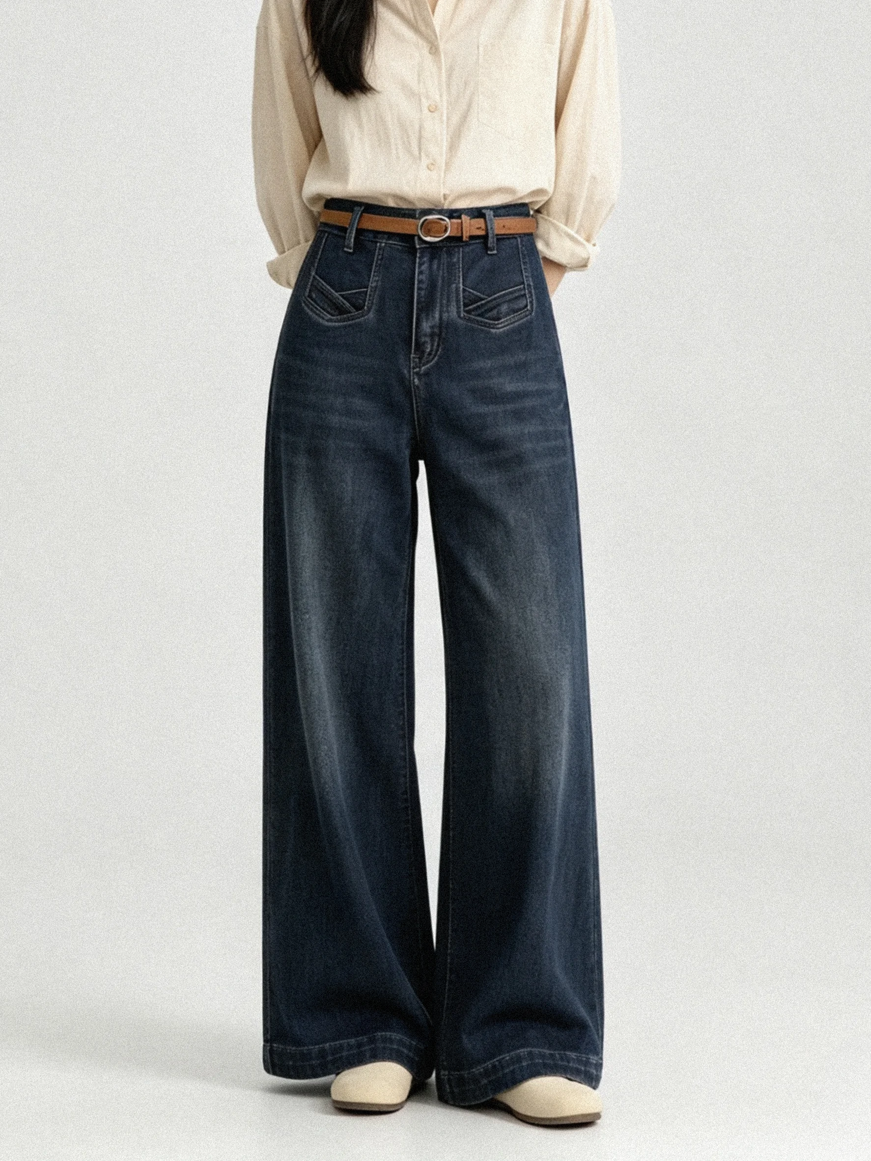High Waist Wide Leg Jeans Korean Style Versatile Slimming Autumn Blue Grey Denim Pants Elegant Casual High Quality