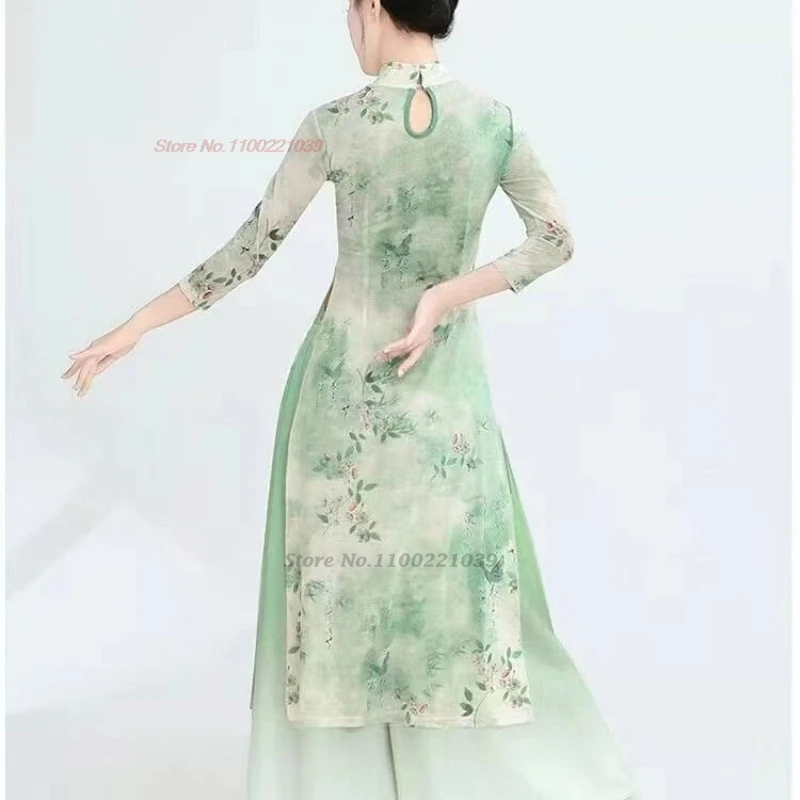 2025 costume da ballo vintage cinese top qipao con stampa floreale tradizionale + pantaloni in colore sfumato set qipao performance sul palco retrò