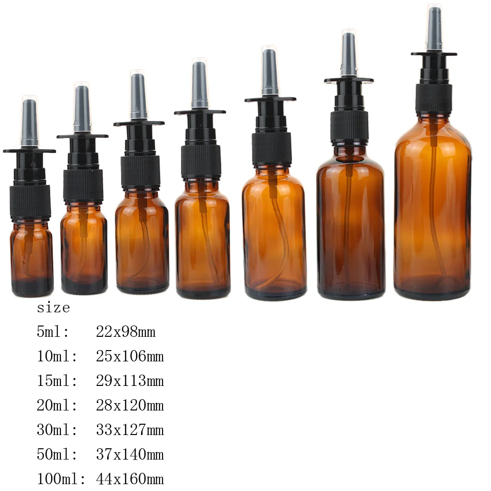 10pcs 5ml 10ml 15ml 20ml 30ml 50ml 100ml Amber Nasal Spray Bottle Glass with Fine Nose Mist Sprayer Press Spray Head Atomizer