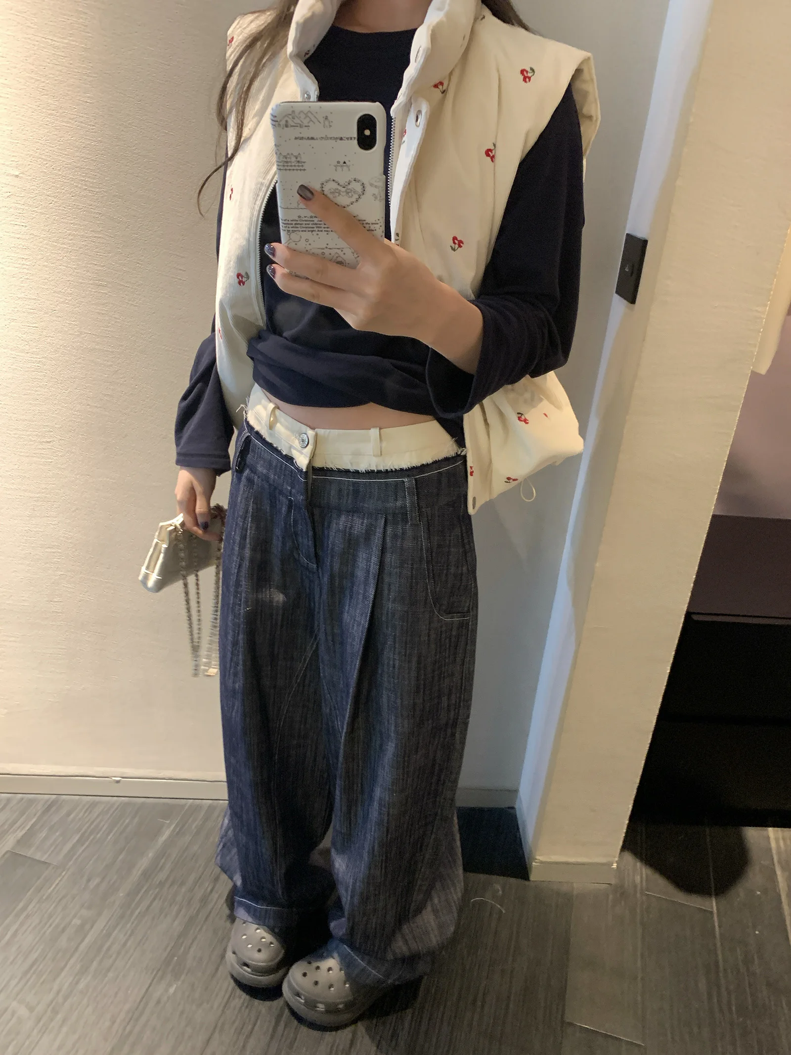 

Slimming Straight Leg Wide Leg Jeans Women's Korean Sle Unique Design Casual Cotton Blend Zipper Closure Color