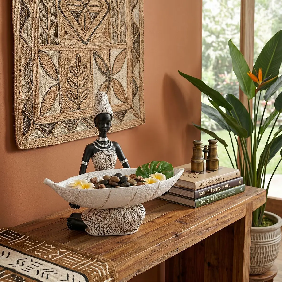 African Tribal Woman Resin Statue With Leaf Bowl Tray Black White Ethnic Figurine Decorative Storage Dish for Home Tabletop Deco