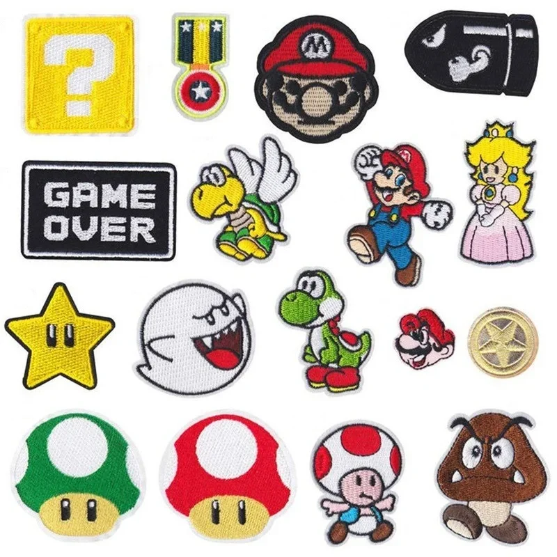 17pcs Super Mario Bros Icon Ironing Patch Anime Game Figure Yoshi Wario Bowser Applique Embroidery DIY Accessories Clothes Patch