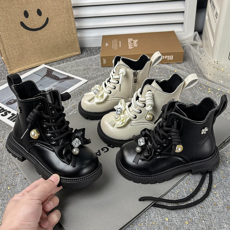 

Children's Fashion Black Leather Combat Boots - Bow & Rhinestone Pearl Decor, Lace-Up Thick Sole Fashionable Kids' Ankle Boots