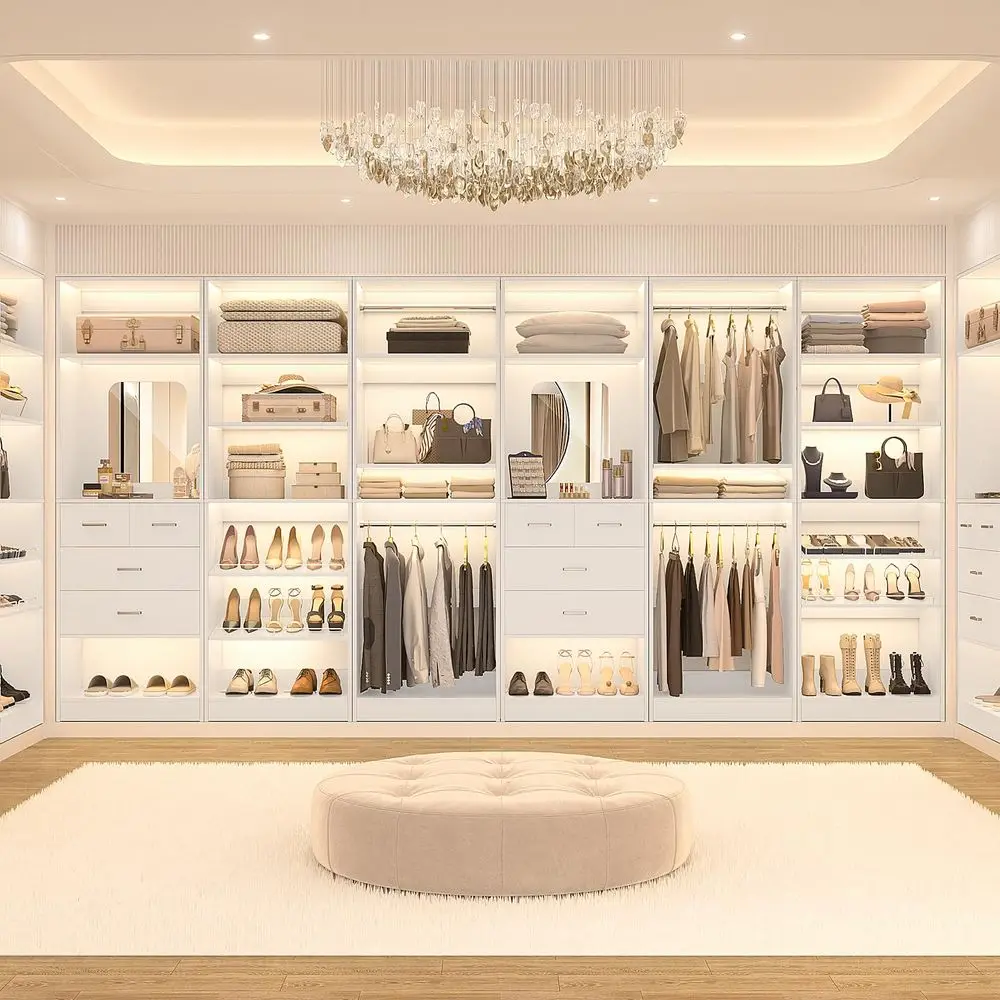 

50 Closet System with 4 Drawers, 4.2FT Wood Closet Organizer with Hanging Rods and Mirror, Reversible Small Walk in Closet Ward