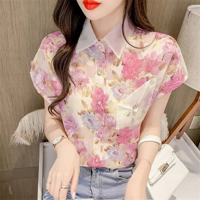 Women\'s Fashion Floral Printed Button Up Chiffon Shirt Summer 2022 Chic Fairy Short Sleeve Loose Ladies Tops Casual Sweet Blouse