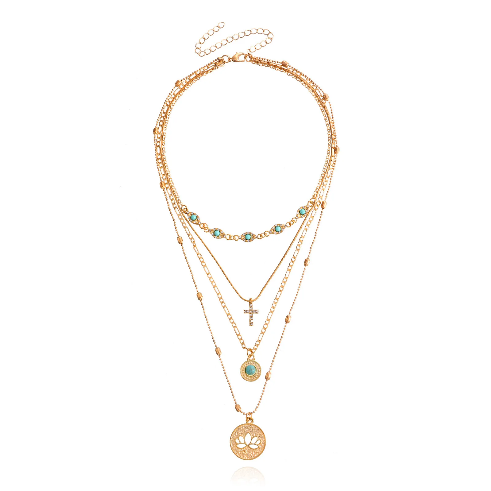 Fashionable multi-layer small hole chain hollow flower diamond cross pendant necklace for women