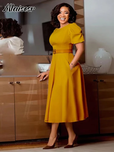 Imagen 2 del producto Mlaiscsr elegante Oficina señora cuello redondo Puff manga corta cinturón cintura una línea vestido medio cumpleaños mujeres Formal negocios trabajo Vestidos