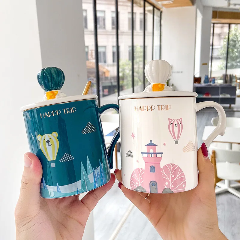 HF Creative Hand-painted Balloon Castle Ceramic Coffee Mug With Lid Spoon 400ml Tea Milk Couple Cup Novelty Gift for Friends