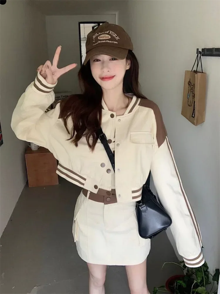 Hikigawa Chic Fashion Women 3 Sets Spring Striped Sweet Cool Y2k Baseball Clothes Jackets+Letter Camisole+High Waist Mini Skirt