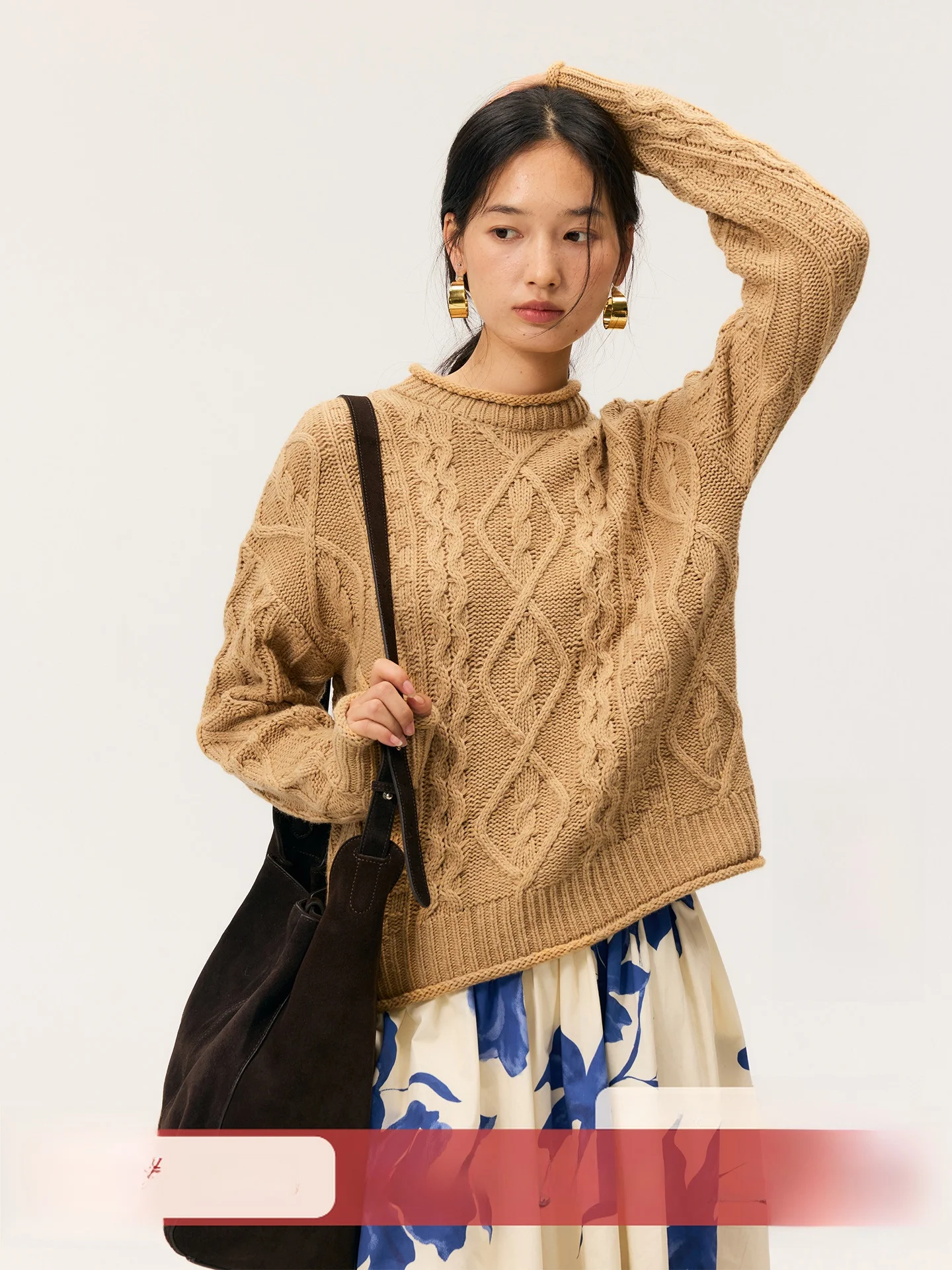 

HeyDr Vintage Twist Wool Sweater Women's Loose round Ne Knitted Warm Top Camel Color Inner Wear Ciwalk Long Sve