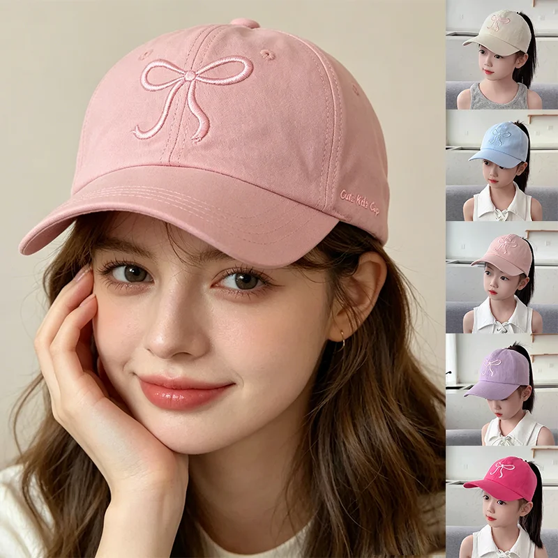 Children Empty Top Hat Sport Bow Embroidered Pattern Anti UV Baseball Cap Fashion High Ponytail Sunshade Hiking Travel Sun Visor