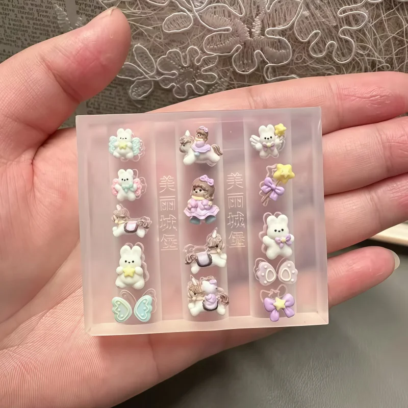 Picture 6: Dreamy Unicorn Rainbow Horse Bowtie Candy Bean Carousel Cute Rabbit 3D Nail Art Decorations DIY Transparent Silicone Mold