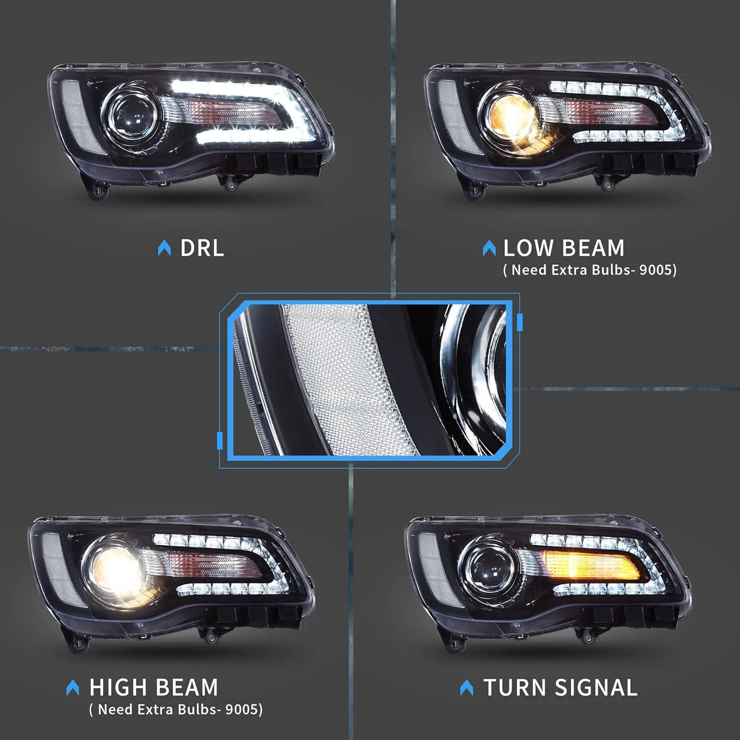 LED Front Headlight Assembly for 2011-2014 300/300C 2nd Gen LD Vehicles, Dual Beam, Requires 9005 Bulbs (Not Included)