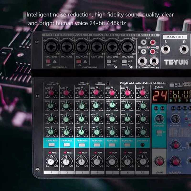 Sound Card Audio Mixer Sound Board Console Desk System Interface 8 Channel USB Bluetooth 48V Power Stereo (EU Plug)