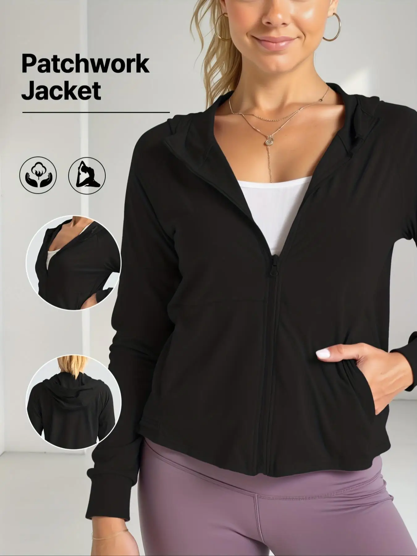 Women's Lightweight Patchwork Hooded Jacket with Full Zipper Closure, Pocket Design, Perfect for Yoga Running Fitness Activities