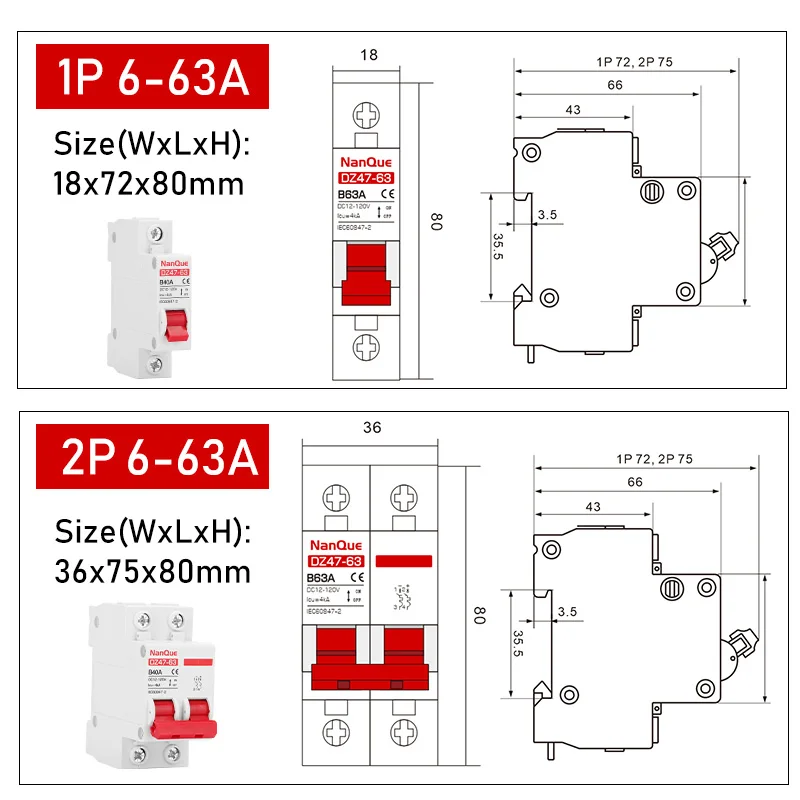 Egyenáram MCB 12V 24V 48V 60V 110V Kerülő út Gyújtásmegszakító Üteg Protegál Vasúti váltó Formaszerű Negatívum Rövidfilm Kerülő út 2P 10A 20A 50A 100A 125A 150A