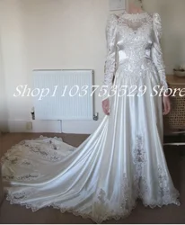 Vintage 1980 Long Sleeve Princess Wedding Dresses Matte Stain Lace Applique Chuch Royal Bridal Gown Customisation vestidos