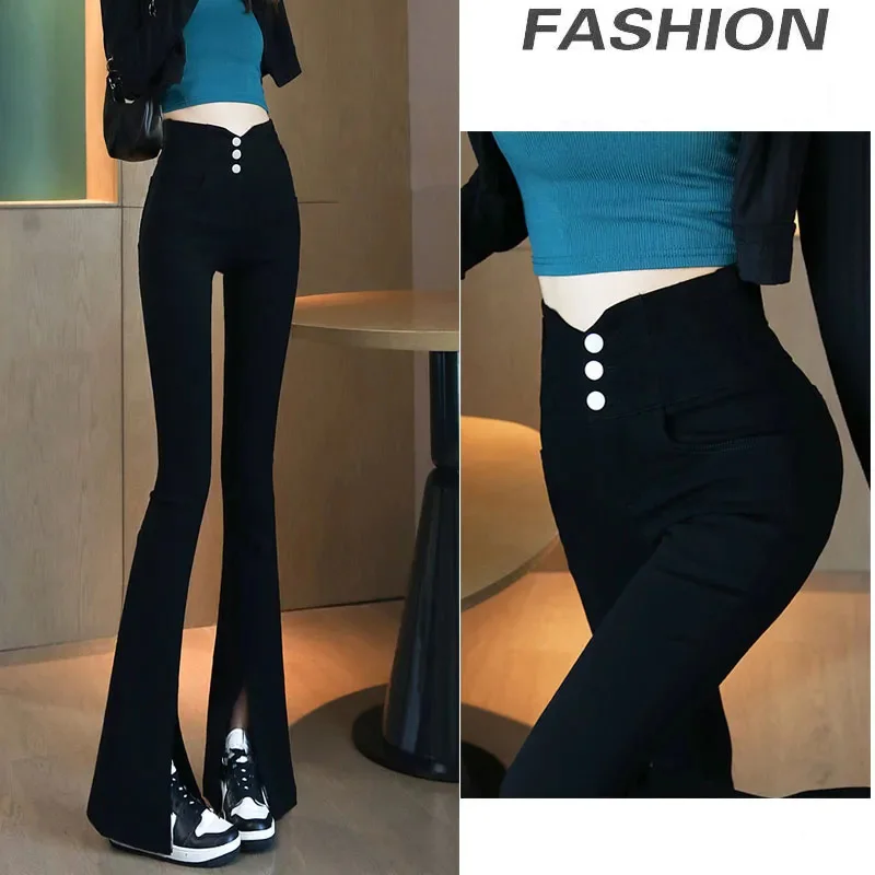 

Korean Style Vintage Slim Autumn Pants High Waist Casual Flare Pants Female Fahsion Sweet Button Closed Wide Leg Trousers Pants