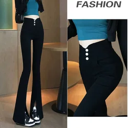 Korean Style Vintage Slim Autumn Pants High Waist Casual Flare Pants Female Fahsion Sweet Button Closed Wide Leg Trousers Pants