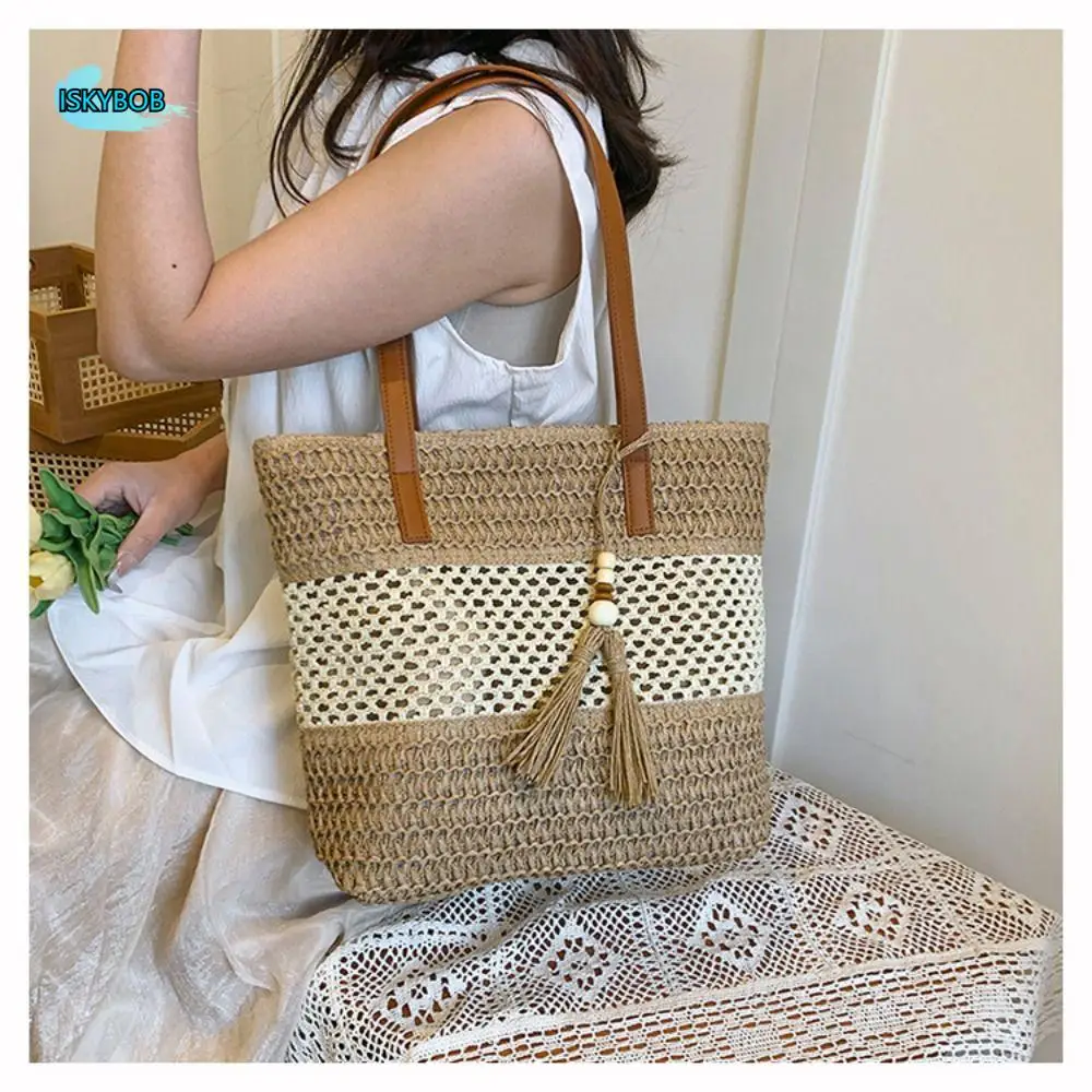 

Trendy Hollow Out Straw Shoulder Bag Breathable Bohemian Summer Beach Bag Casual Portable Weave Tote Bag Vacation