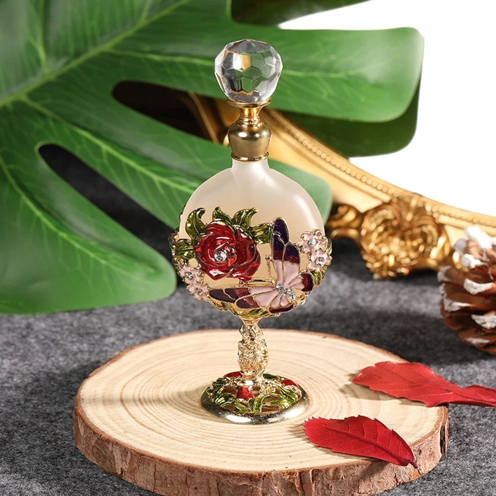 1pc 7ml Empty Vintage Perfume Bottle Golden Slime Container Rose&Butterfly Embossed Decor Crystal Cap Refillable Beauty Tool