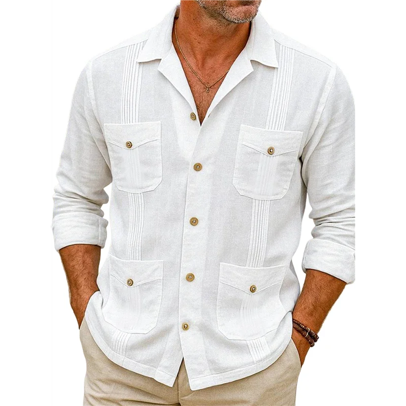 

Горячая мужская рубашка Guayabera с четырьмя карманами и длинными рукавами Kf-Men, свободная посадка