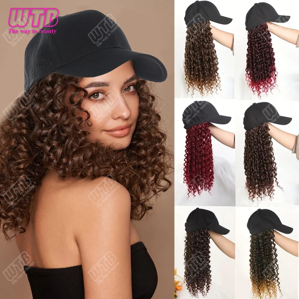 باروكة قبعة صناعية للنساء، قبعة بيسبول طويلة مموجة مع وصلات شعر مجعدة، قبعة شعر مستعار مموجة، قبعة بيسبول قابلة للتعديل #1