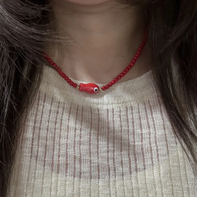 Handmade Ceramic Fish Beaded Choker Necklace