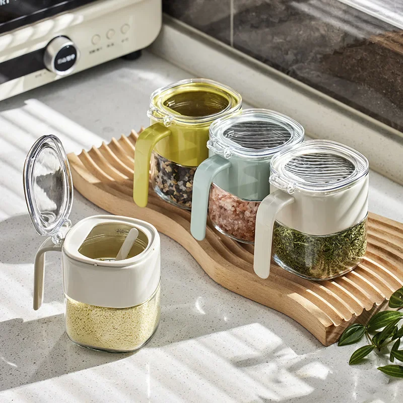 Kitchen Monosodium Glutamate Seasoning Box Transparent Glass Seasoning Jar Household Flip Cover with Spoon Chicken Essence Salt