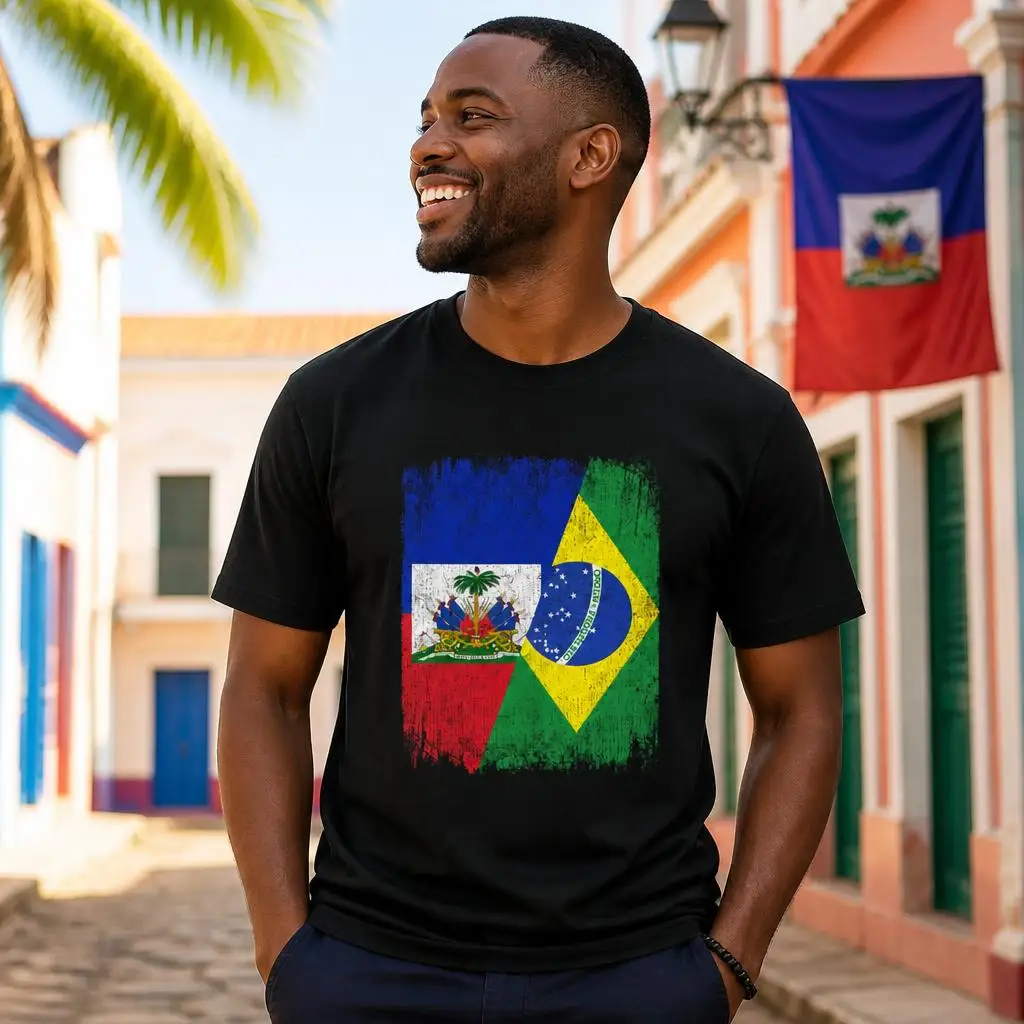 Half Haiti Brazil Flag Haitian Brazilian Pride Men Retro T Shirt 100% Cotton Clothing Fun Short Sleeve Tee Gift T-Shirts