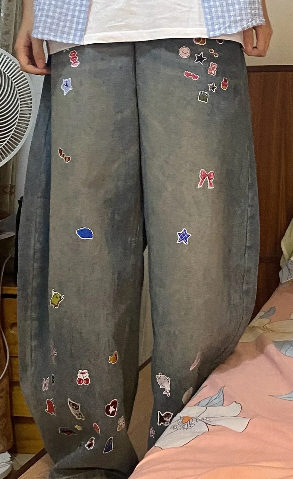 

2025 Autumn Women Vintage Blue Cartoon Print High Waist Jeans American Retro Wash Loose Baggy Denim Pants Wide Leg Trousers