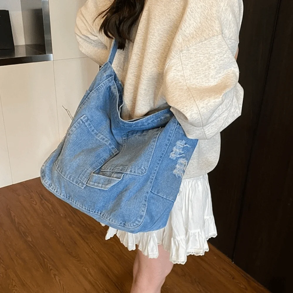 Trendy Vintage Denim Umhängetasche Vielseitig Große Kapazität Hobo Sling Tasche Zipper Cross Body Satchel Taschen Frauen Männer