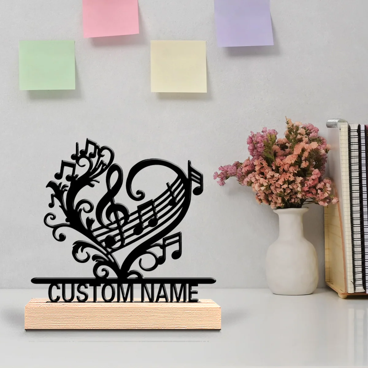 1pc music flower Custom Text Metal Statue Iron Ornament Crafts With Wood Base Metal Sculpture With Wood Base For Home Desk Decor