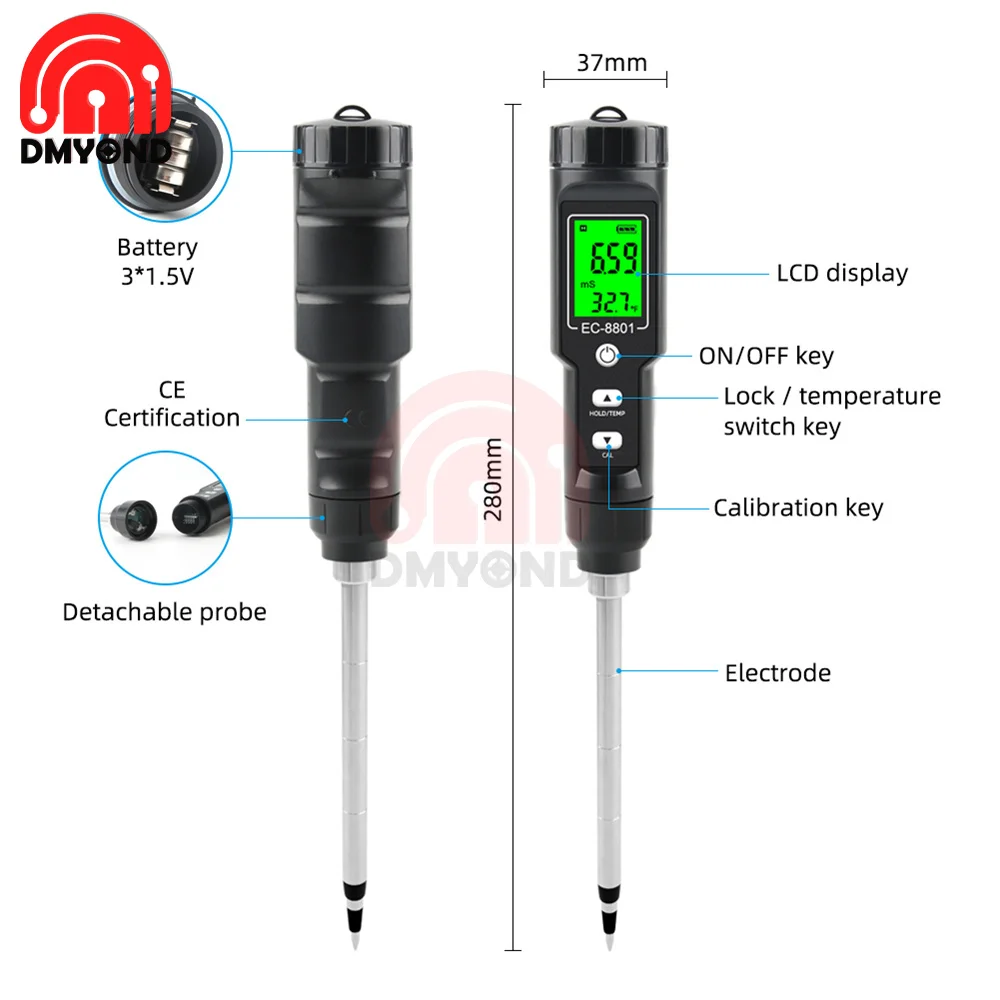 EC-8801 Portable Digital Display Soil EC/temperature Soil Tester With Backlight, Horticultural Planting Probe Soil Detector