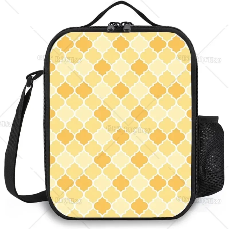 

Quatrefoil Reusable Insulated Lunch Bag Yellow Cooler Tote Box Meal Prep for Men & Women Work Picnic or Travel with Pocket