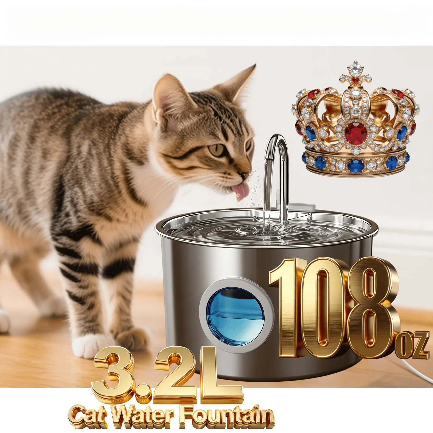 

3.2L/108oz Cat Water Fountain Stainless Steel, Automatic Pet Water Dispenser, Ultra Quiet Pump, Visible Water Level, Filtered Drinking Fountain for Cats