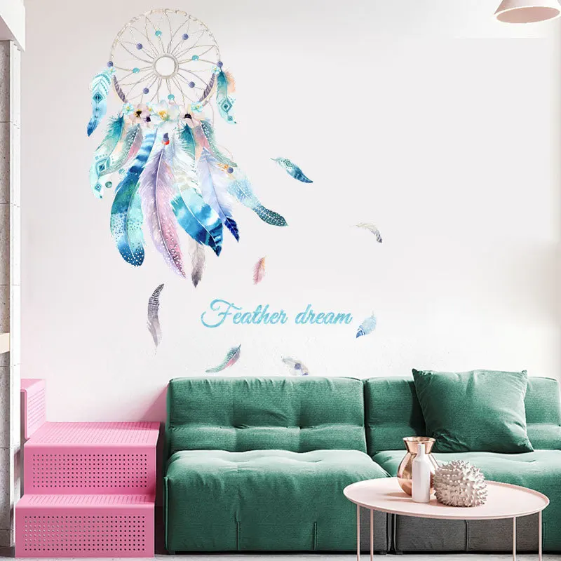 Pegatinas de pared extraíbles de plumas atrapasueños, calcomanías de decoración del hogar DIY, arte de decoración de habitación para niña, Mural de dormitorio para niños, impermeable