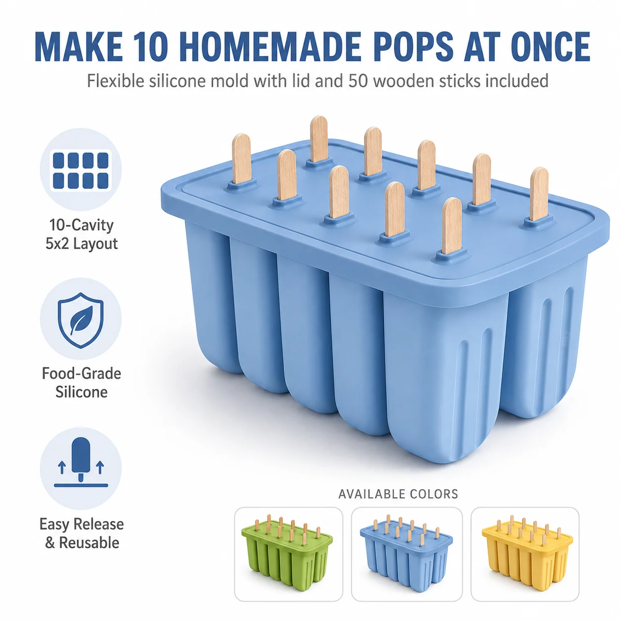 9/10 Cavity Silicone Popsicle Maker Set Food Grade Ice Pop Molds With 50 Wooden Sticks For Children Family Dessert