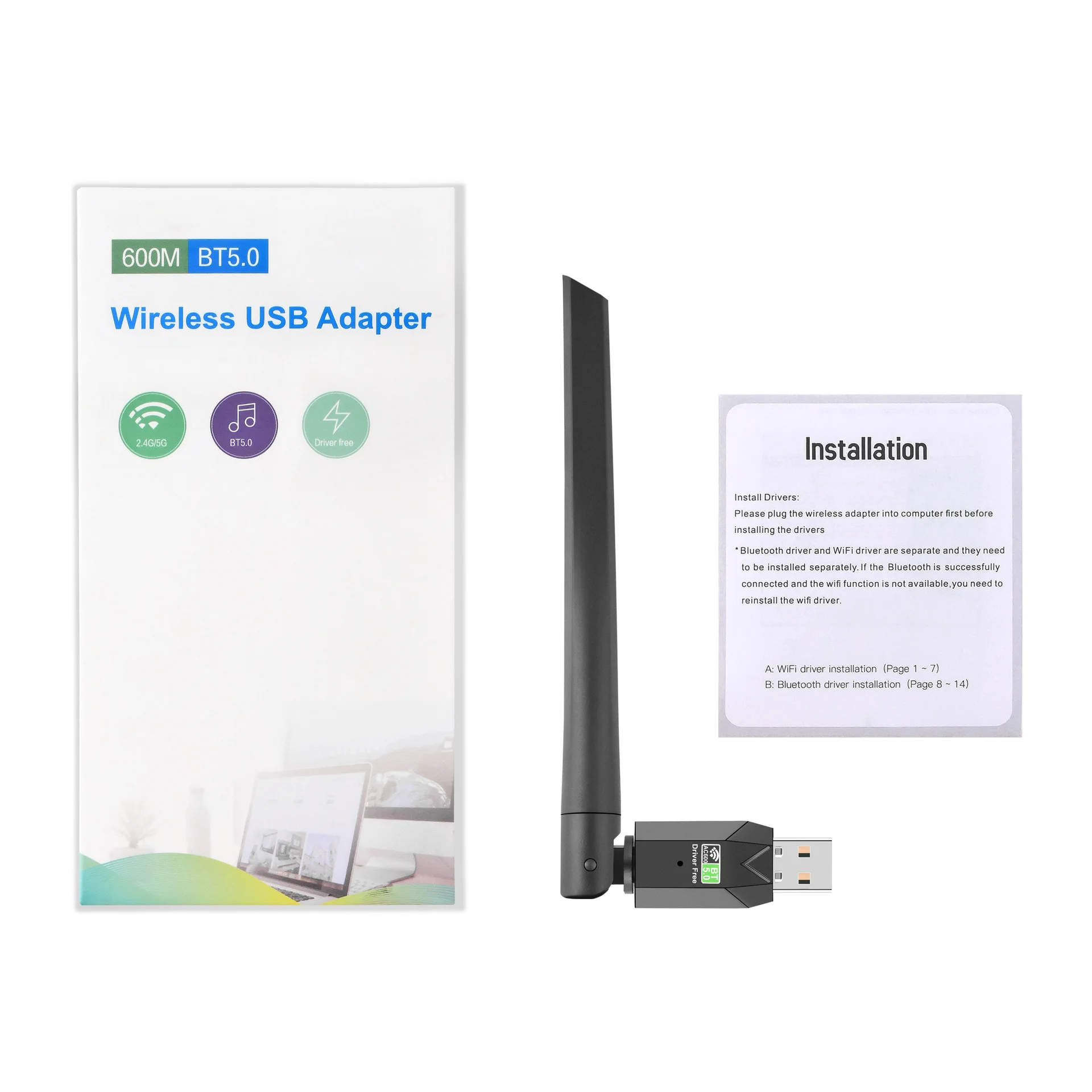 USB Free Drive 600M Wireless Card BT5.0 Bluetooth Adapter Desktop Computer Dual-Band WiFi Reception