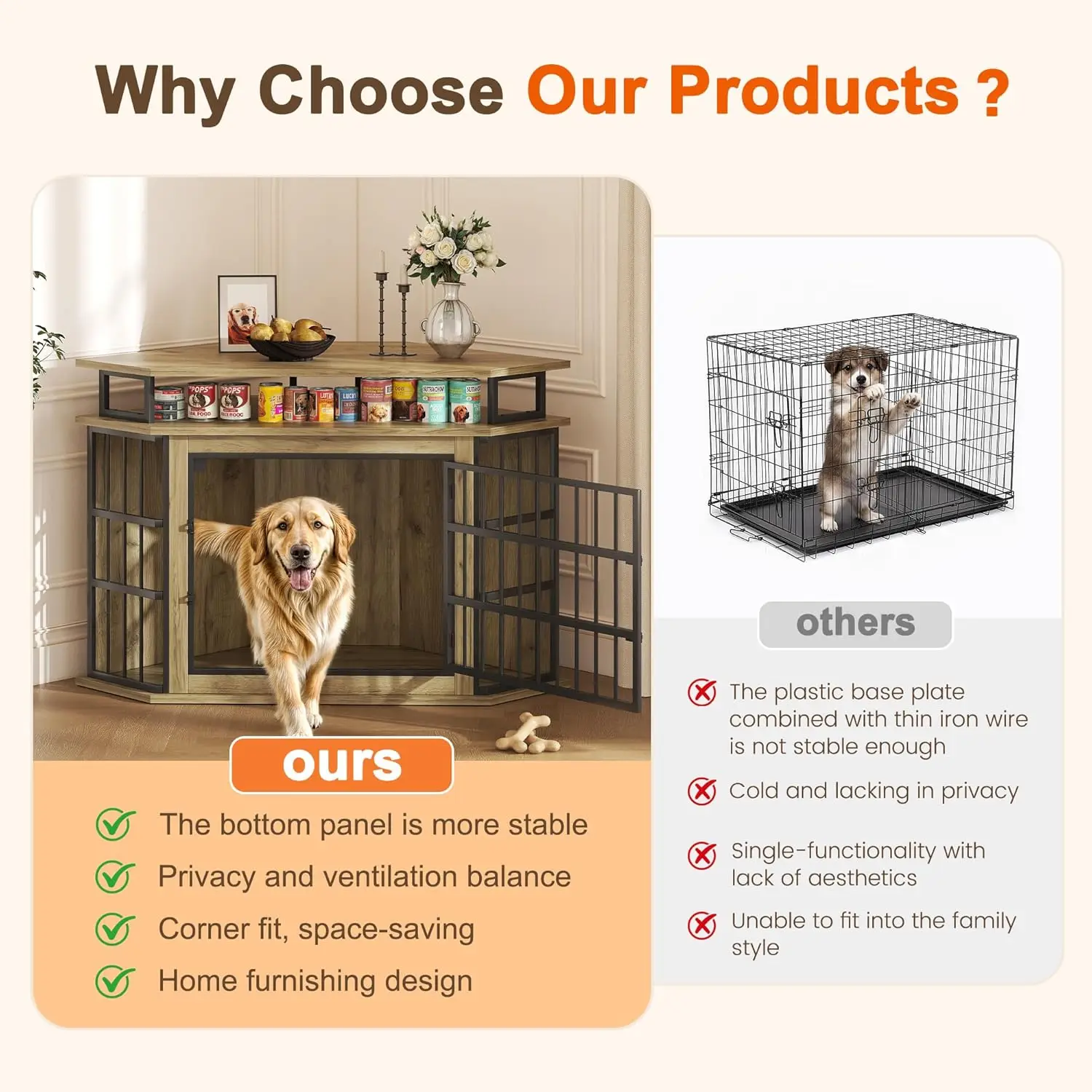 قفص كلب زاوية مقاس 51 بوصة، بيت كلب خشبي كبير مع أرفف من طبقتين، بيت كلب خشبي مزخرف للأطفال الصغار/المتوسط