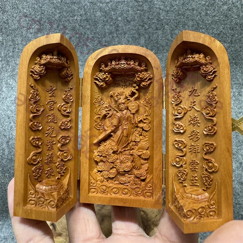 Taoist, finely carved jujube wood Nine Heavens Xuan Nv Three Open Statue, 10cm, Nine Heavens Xuan Nv Statue ornament, Feng Shui