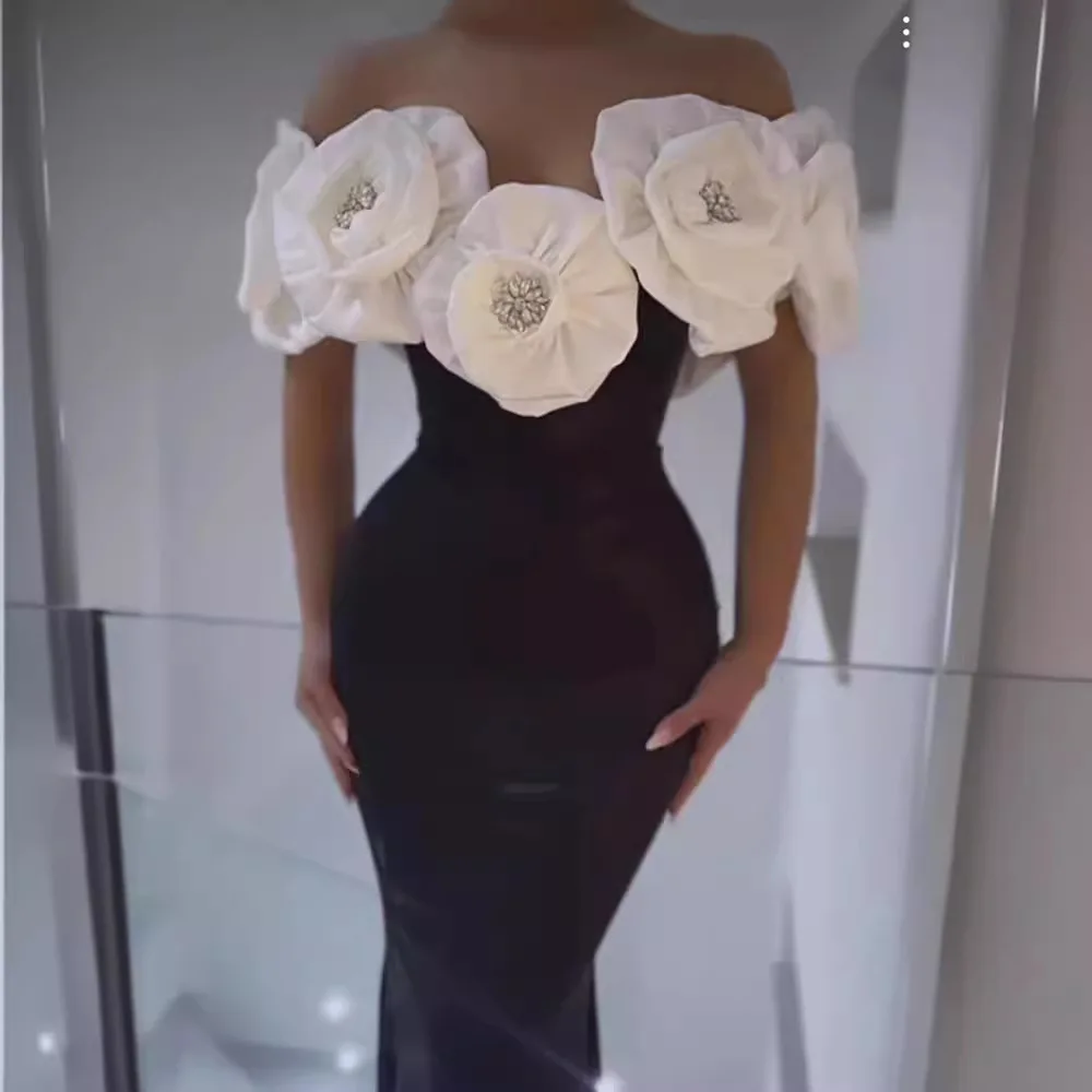 

Luxury 3D Big Flowers Off Shoulder Long Bandage Dress Senior Slit High Waist Bodycon Bandeau Women Evening Prom Wedding Gowns