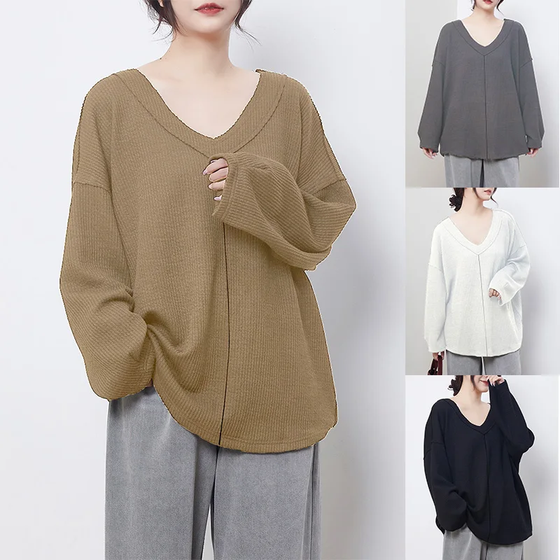 

Autumn Winter New Sle Loose Knitted Pure Color V-ne Casual Top Women's Faion Polyester Fiber Long Sve Basic T-irt