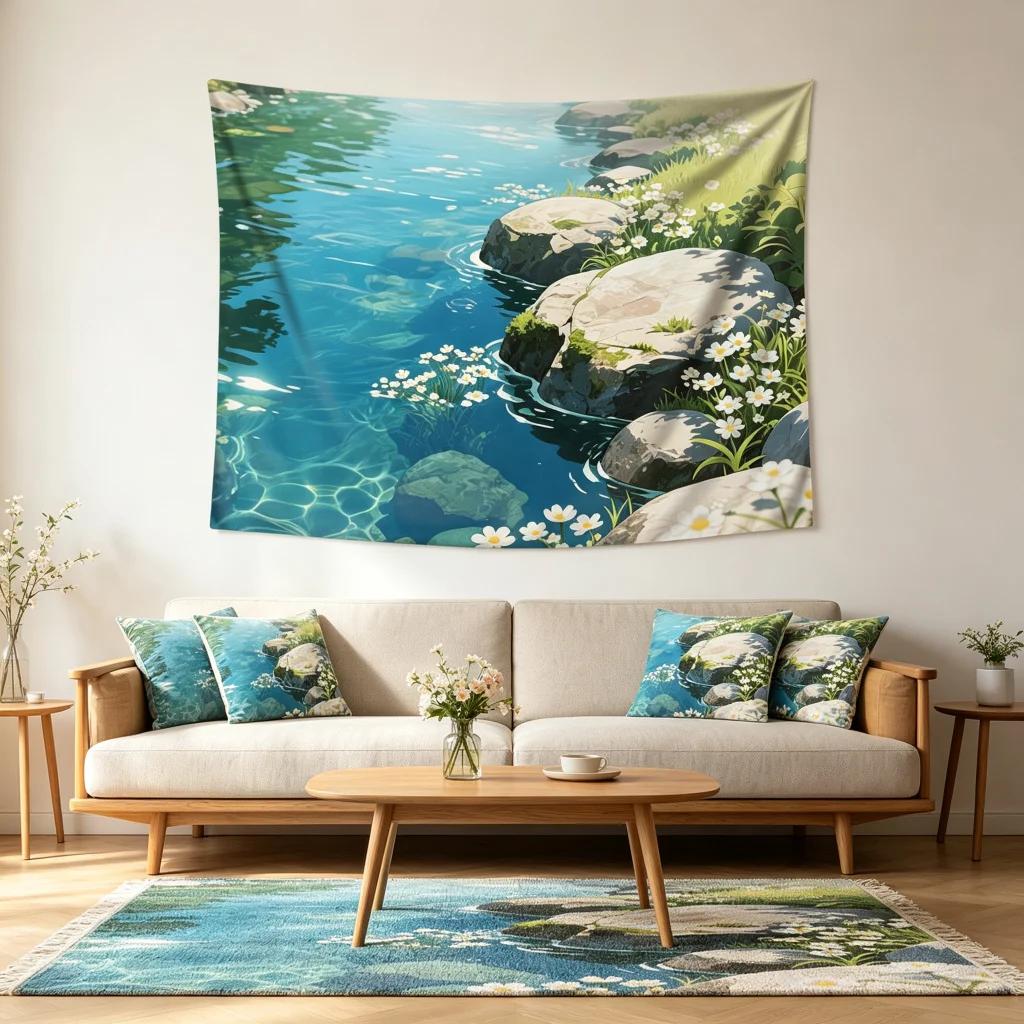 1PC Stream Daisy Rock View Art Print Backdrop Banner, Bedroom Living Room Photo Background, Polyester, Home Decor, Wall Art
