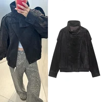 Chaqueta de Mujer, Primavera 2026, Nueva, Negra, Manga Larga, Estilo Motero, de Cuero Sintético, Moderna, Casual y Versátil