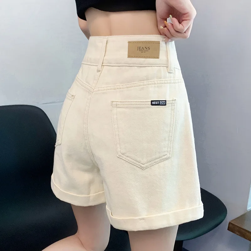 Beige Denim-Shorts für Damen, hohe Taille, gerade A-Linie, kurze Jeans, schmale Hosen, Damen-Jeans, Camisa Feminina Lady Fat-Hose