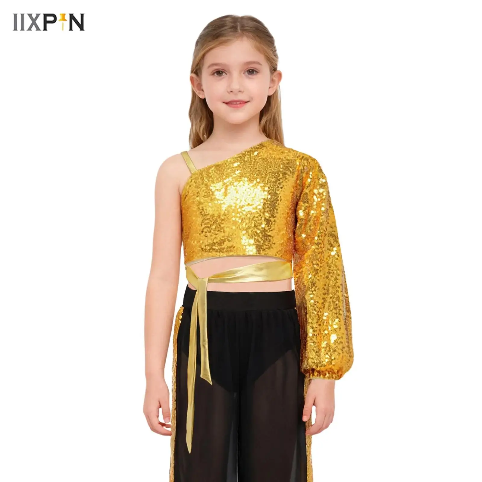

Kids Girls Lyrical Dance Top Shiny Sequins One Shoulder Long Sleeve Side Zipper Self-Tie Crop Top Jazz Hip-hop Street Dancewear