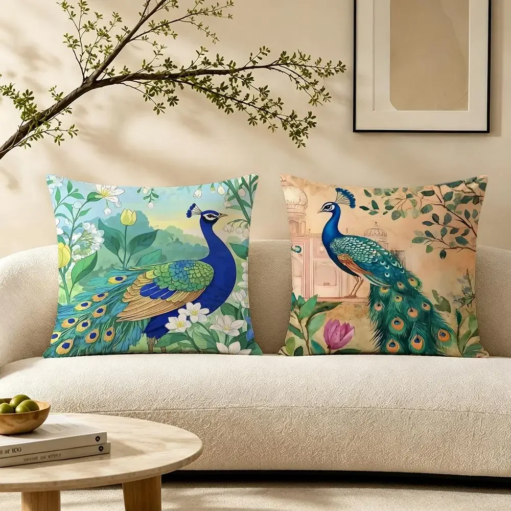 Art Mughal Garden with Peacock Cushion Cover Pillow Short Plush Warm CreamStylel Cushion for Living Room Bedroom Sofa Ideal