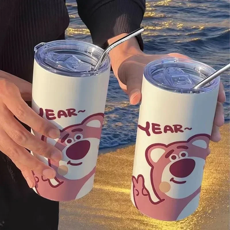 Disney Lotso Straw Cup Large Capacity Female Kawaii Ice Cup Cartoon Cute 304 Stainless Steel Thermos Cup Cute Girly Heart